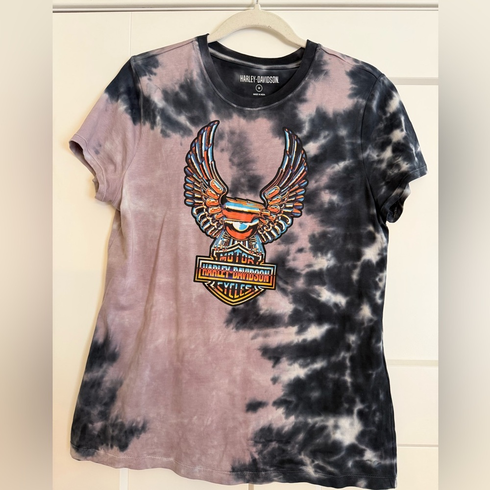 Harley-Davidson Black and Lavender Tie-Dye Wing Graphic Tee